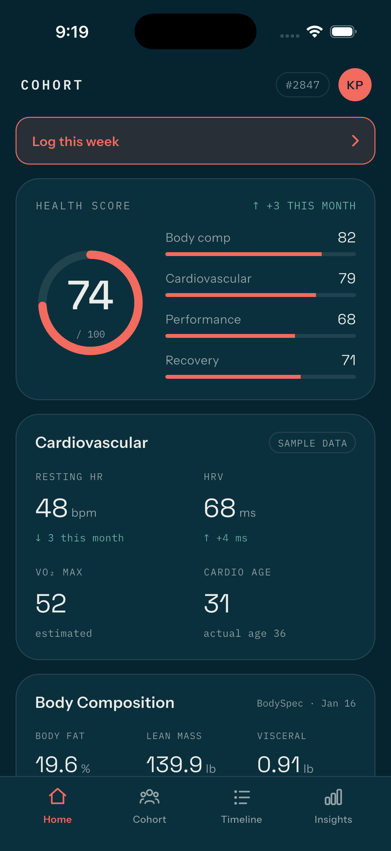 The Cohort app home screen: a health score of 74 out of 100 with body composition, cardiovascular, performance and recovery sub-scores, above a cardiovascular card showing a 48 bpm resting heart rate, 68 ms HRV and a VO2 max of 52.