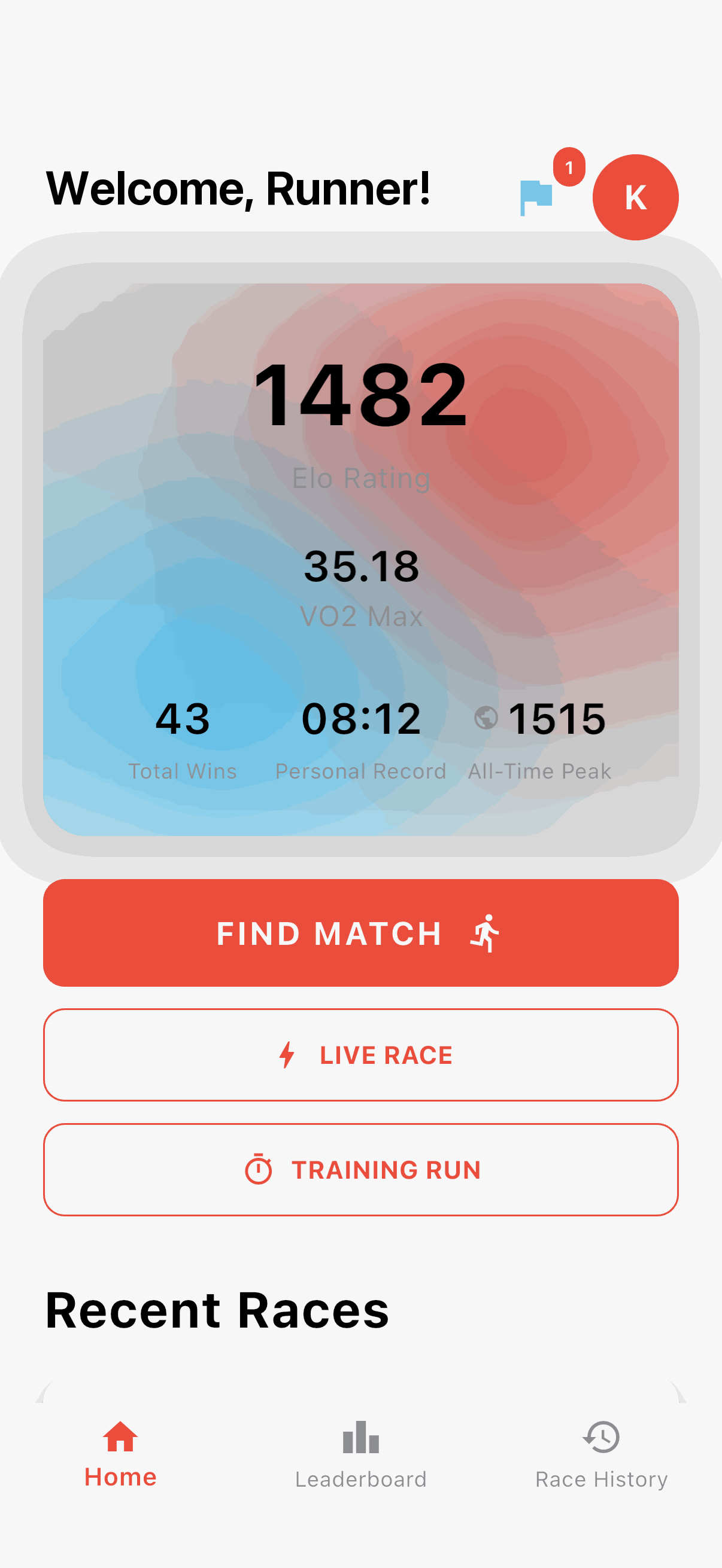 The Mielo home screen: a rating card reading 1482 ELO, a VO2 max of 35.18, 43 total wins, an 08:12 personal record and an all-time peak of 1515, above a red Find Match button with Live Race and Training Run options.