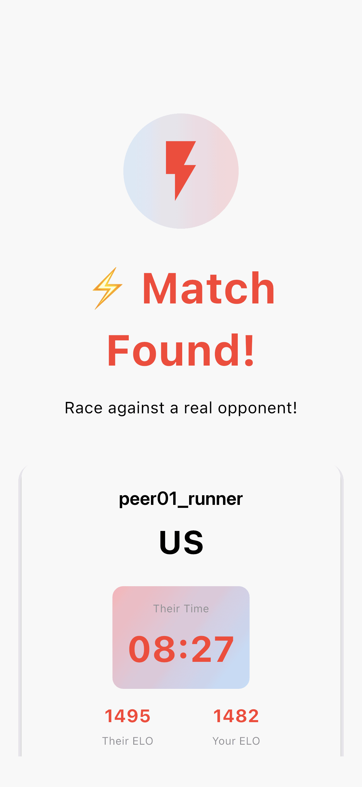 The Mielo match screen reading Match Found, showing an opponent peer01_runner from the US with a recorded time of 08:27, their ELO of 1495 beside your ELO of 1482.