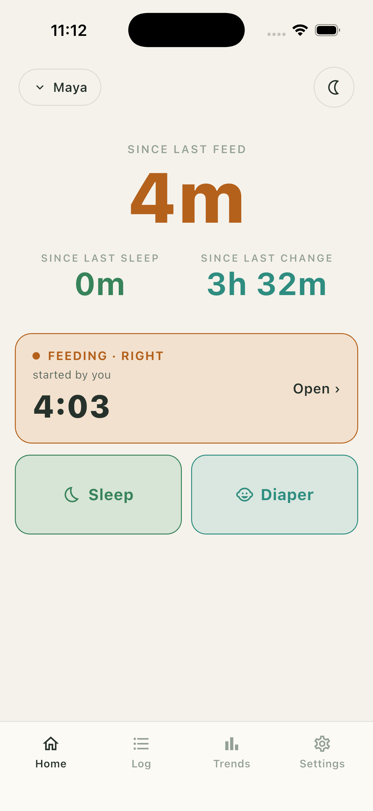 The Village home screen for baby Maya: a large 4m since-last-feed readout with since-last-sleep and since-last-change beside it, a running feeding timer card, and one-thumb Sleep and Diaper buttons.